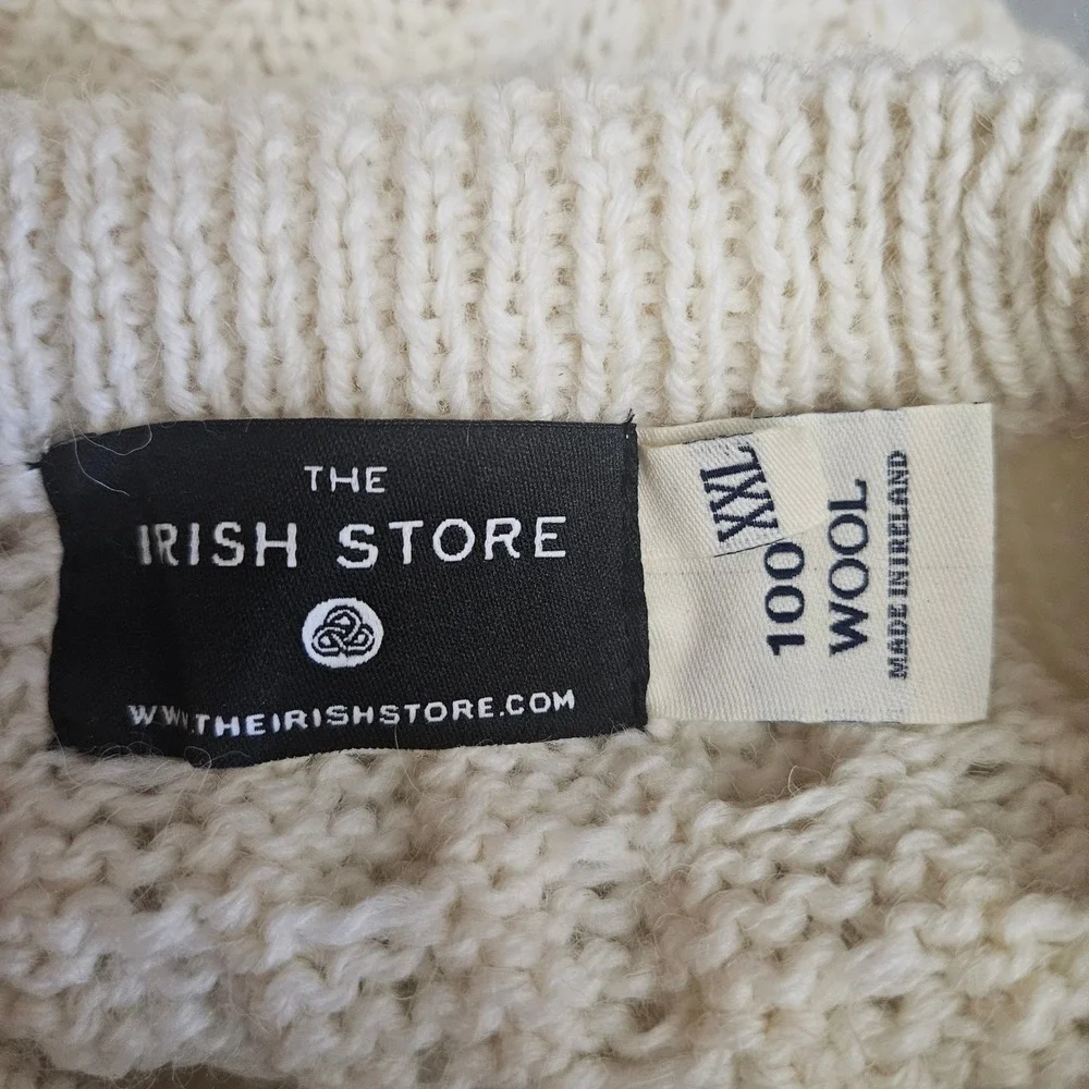 The Irish Store Mens XXL Cream 100% Wool Aran Cable Knit Fisherman Sweater